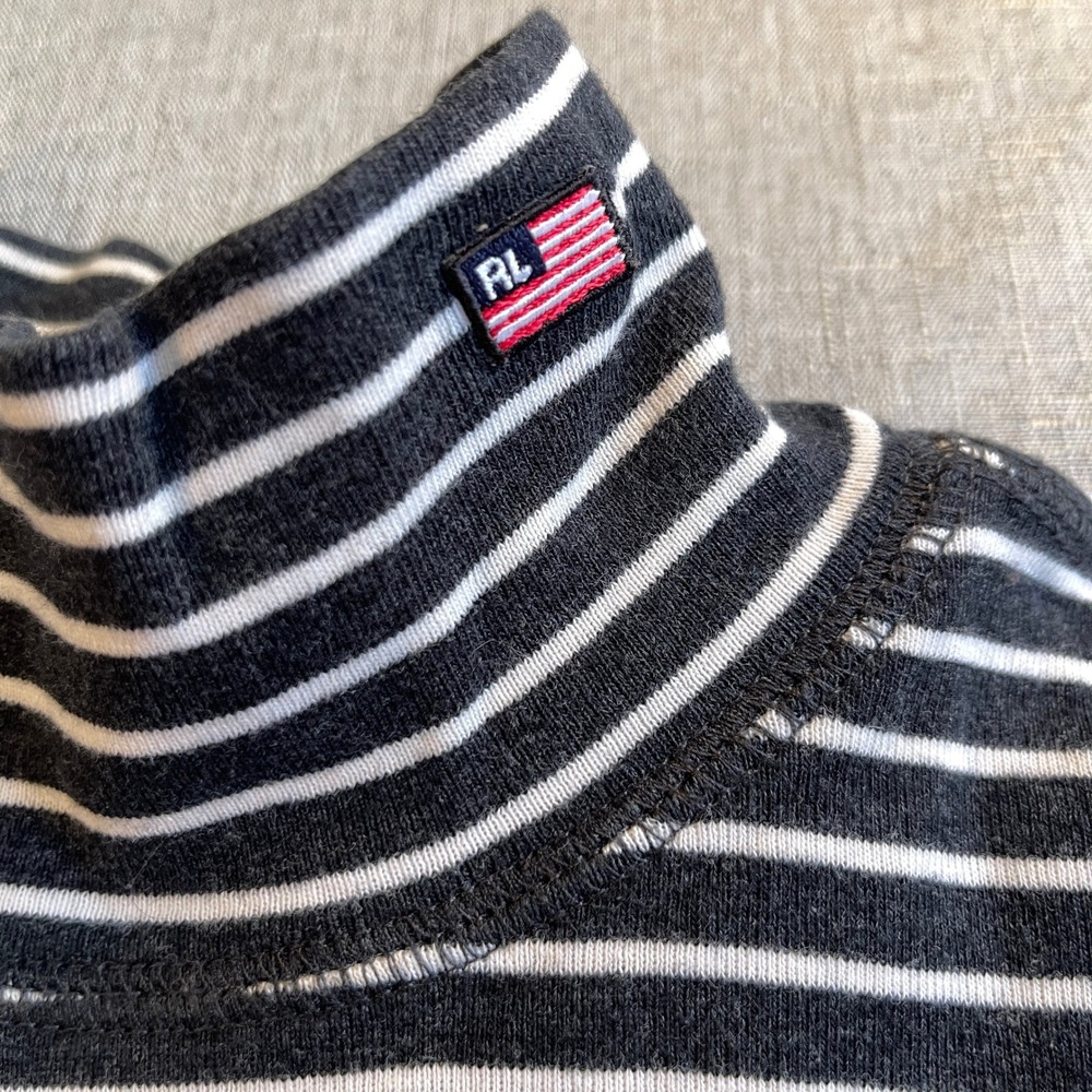Polo Ralph Lauren Striped Mock Neck American Flag Logo Shirt Women L Navy Blue‎
